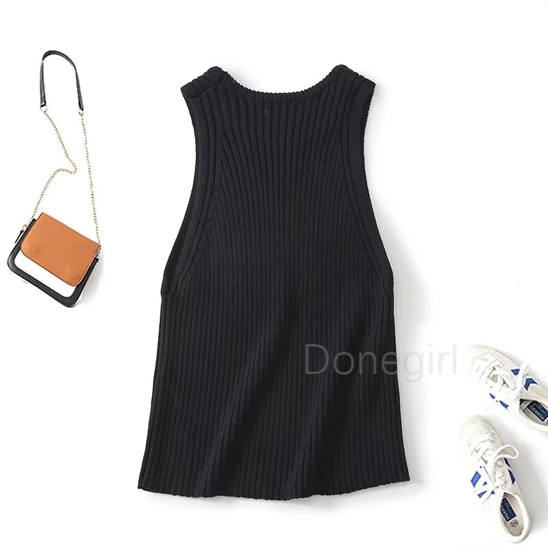 Donegirl Women 2024 Spring New Fashion Casual Knitted Rib Vest Retro Sleeveless Chic Round Neck All-Match Female Tank Top Mujer