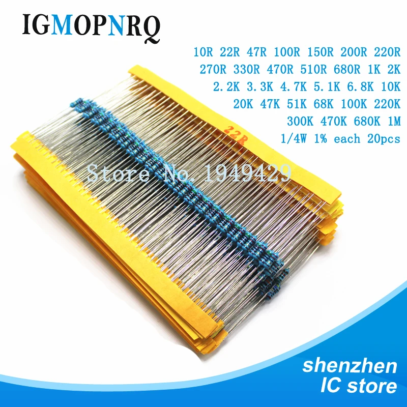 600PCS/set 30 Kinds 1/4W Resistance 1% Metal Film Resistor Pack Assorted Kit 220ohm 470R 1K 10K 20K 100K 1M Resistors 300PCS/Set