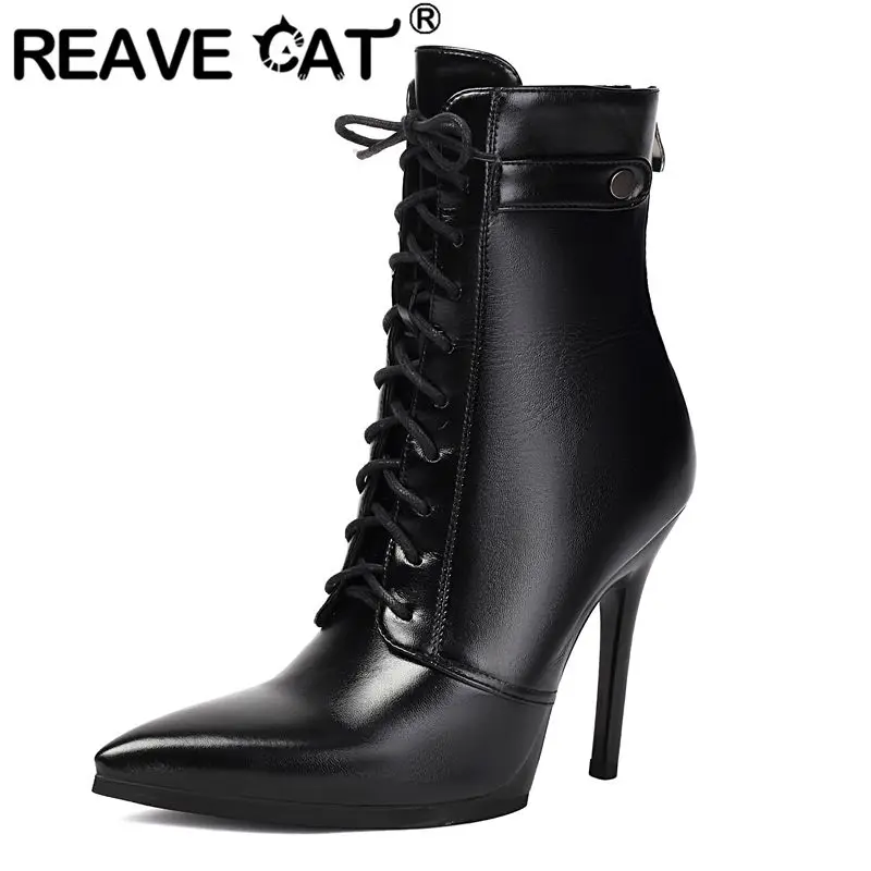 

REAVE CAT 11cm Thin Heels Women Ankle Boots Pointed Toe Zipper Lace Up Plus Size 41 42 Sexy Party Stiletto Short Booties Black