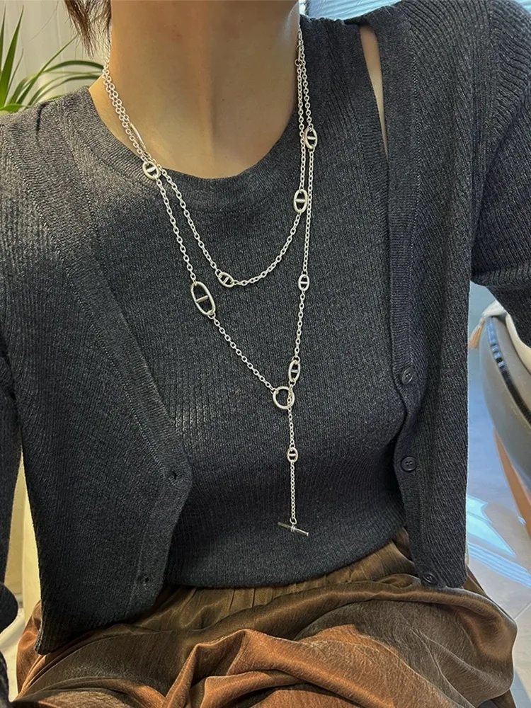 

Shiny Gold plated chain necklace women Daily fashion sweater chain two styles short and long