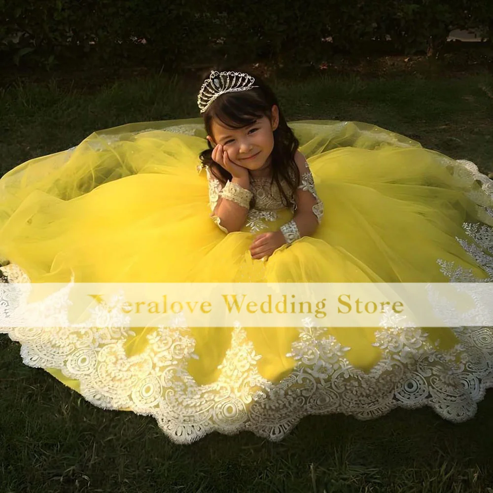 Princess Yellow Lace Flower Girl Dress Long Sleeves Girls Dresses for Party Pageant Kids Gowns Birthday Wear