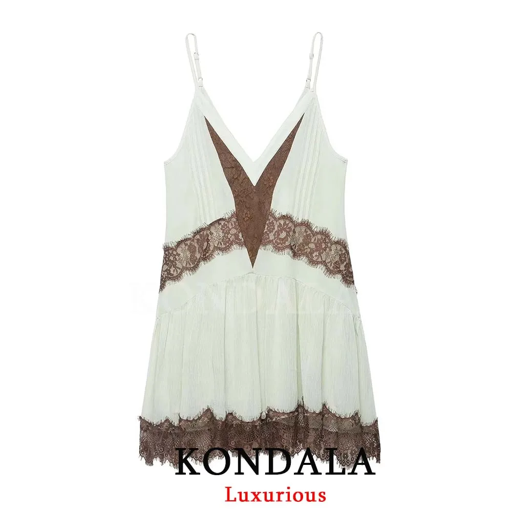 KONDALA Sexy Schickes Damenkleid Patchwork Cami Ärmellos Spitze Kurz Gefaltet Vestidos Mode 2026 Weibliches Drapiertes Urlaubs-Strandkleid