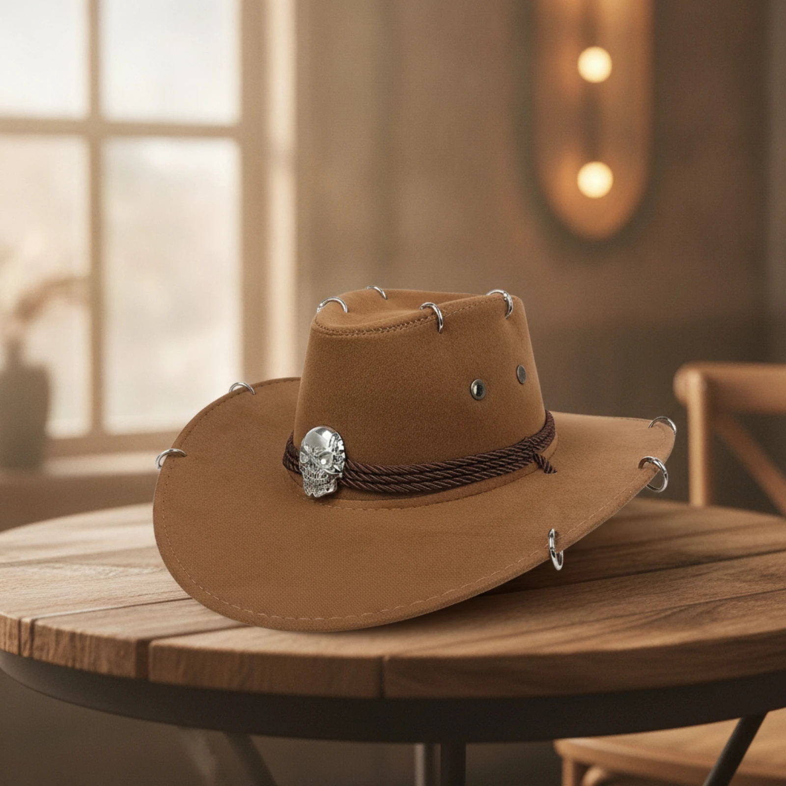 Cowboy Hat with Skull Ornament Adjustable Cowboy Hat with Chin Cord Breathable Lightweight for Men, Costume Parties, Festivals