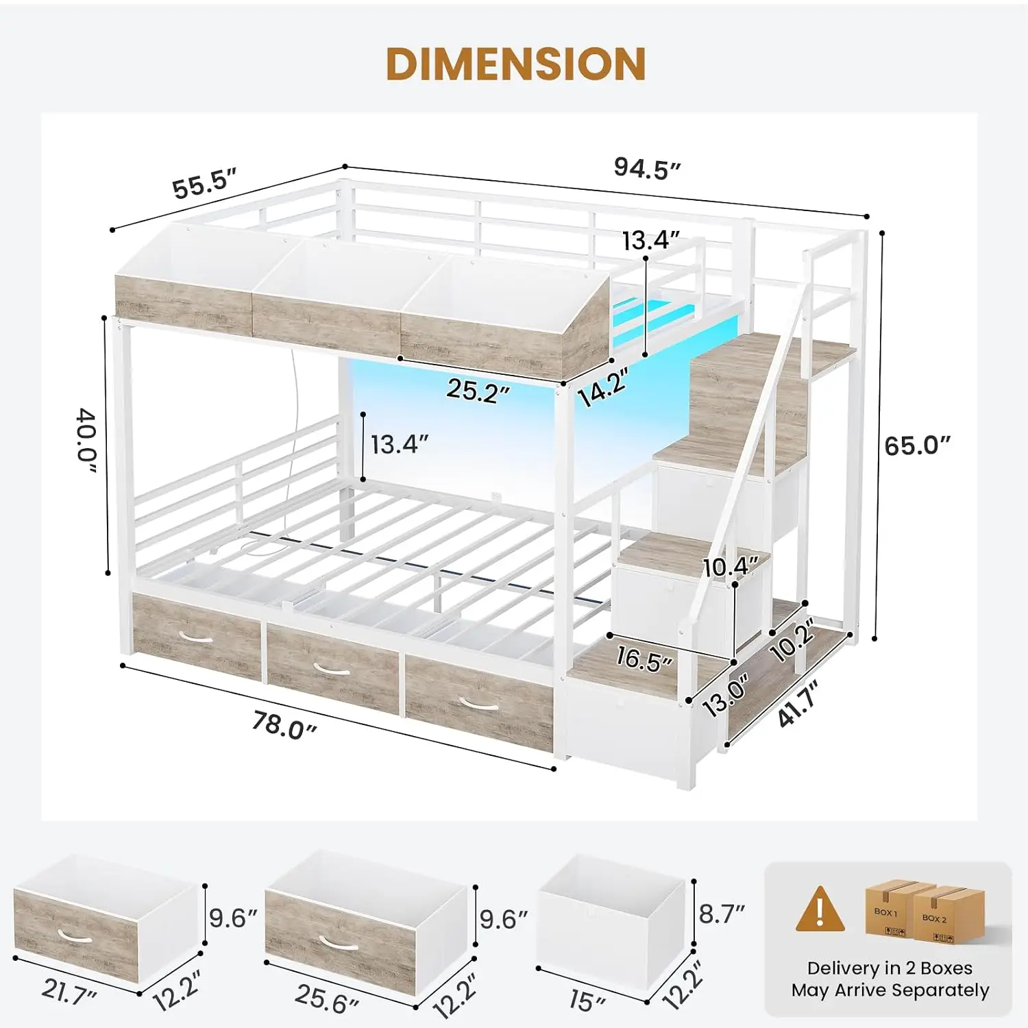 Twin over Full Bunk Bed with Storage Stairs, Shelves, and Charging Station