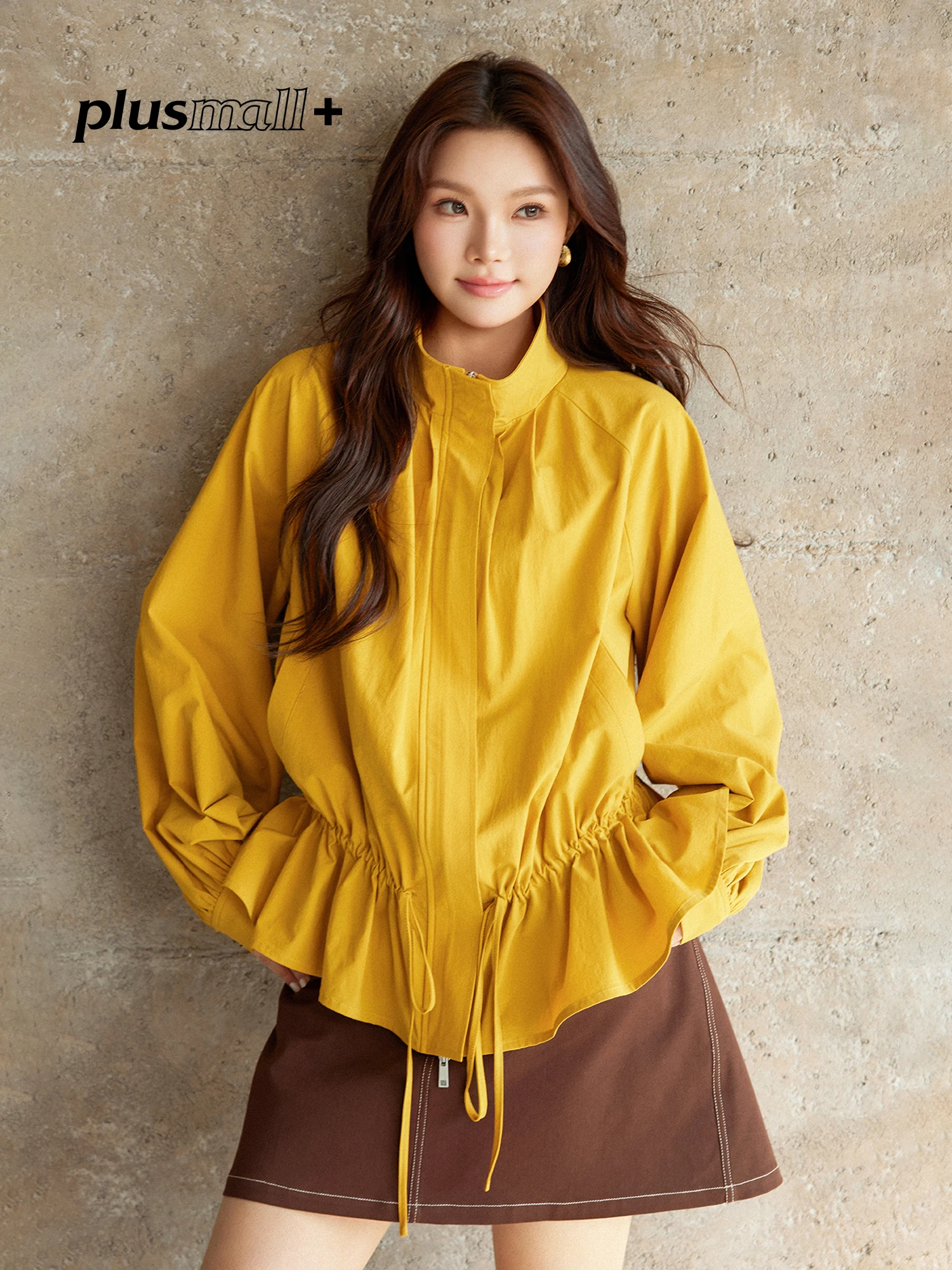 

Plusmall Sunlight Mandarin Orange Loose Shoulder Fall Coat Slimming Effect Casual Elegance Stand Collar Waist Cinching Jacket
