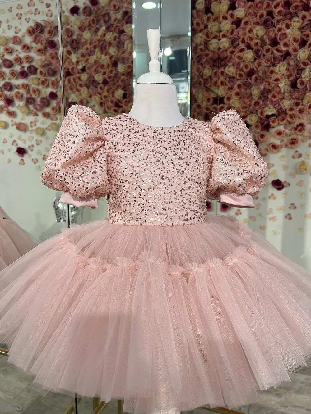 Robe à paillettes pour bébés filles, manches bouffantes, avec nœud décoratif, pour fête de mariage, anniversaire