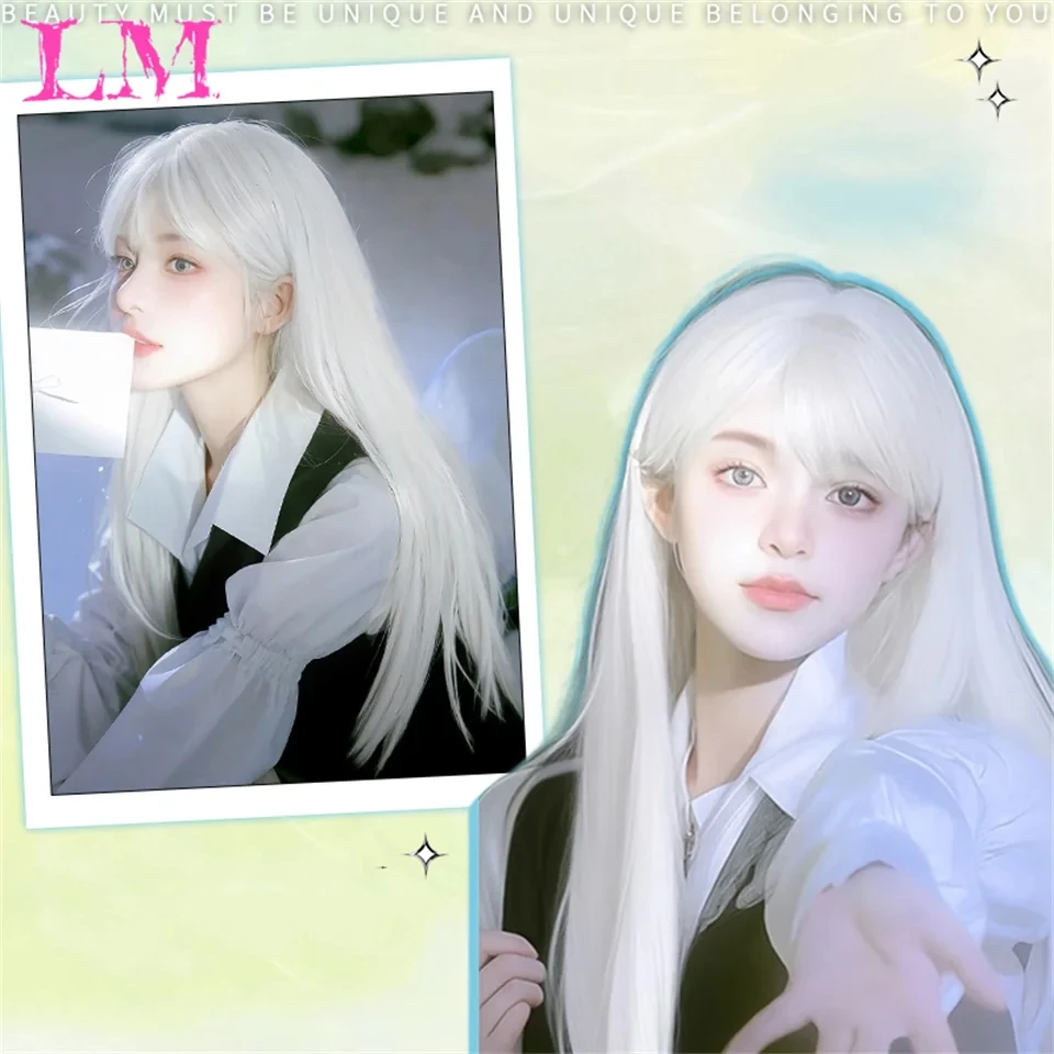 LM Synthetic Black Wig with Long Ponytail Short Straight Wig Lolita Cosplay Party Harajuku Blonde Wig With Bangs for Women