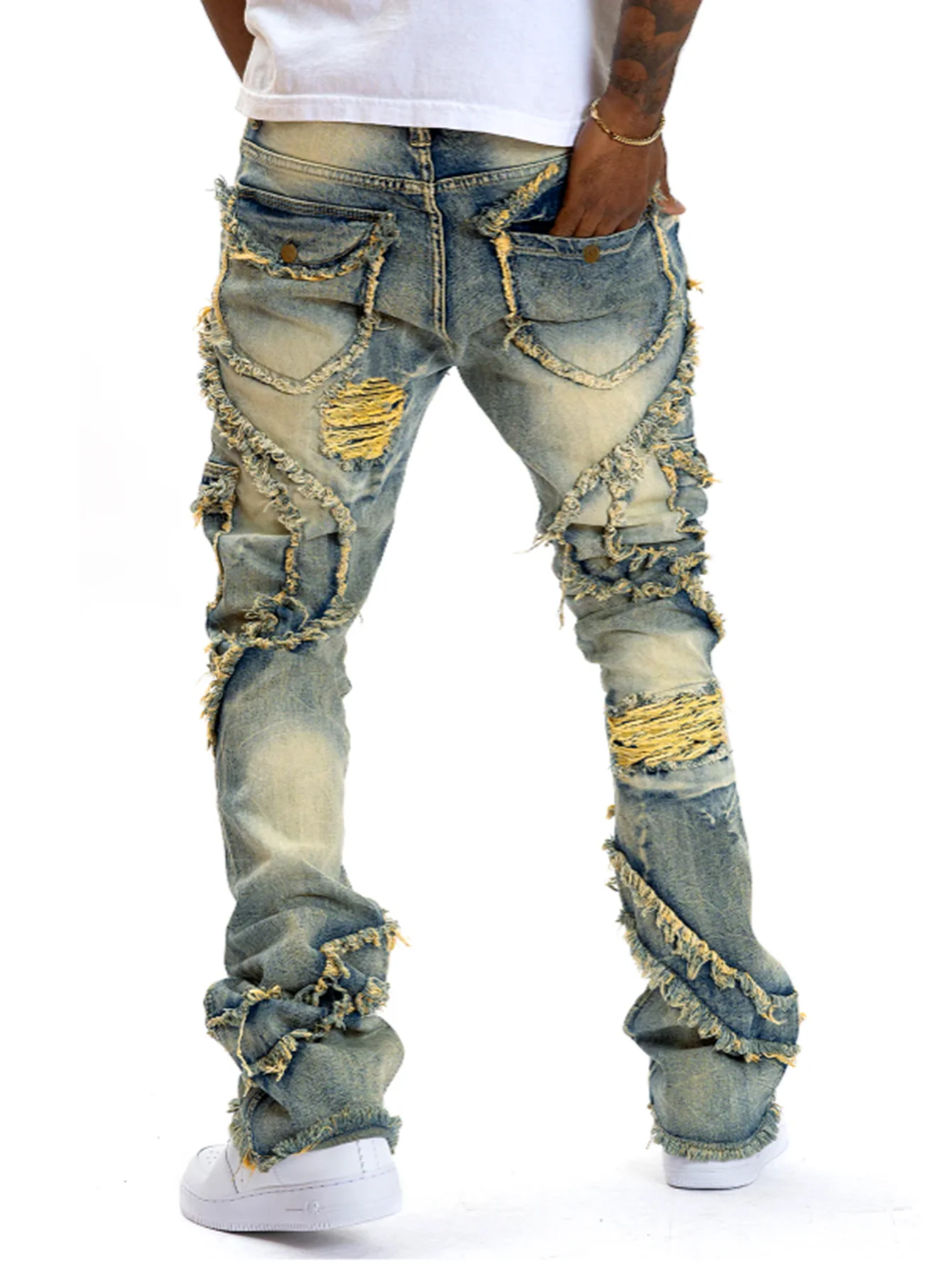 2025 New Men's Regular Fit Stacked Jeans Ripped Slim Patch Distressed Destroyed Denim Pants Hip Hop Streetwear Trouser Clothing