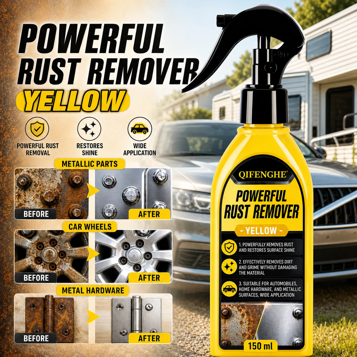 QIFENGHE 150ml Powerful Rust Remover Spray Multi-purpose Metal Rust Cleaner for Car Wheels Hardware Restore Surface Shine