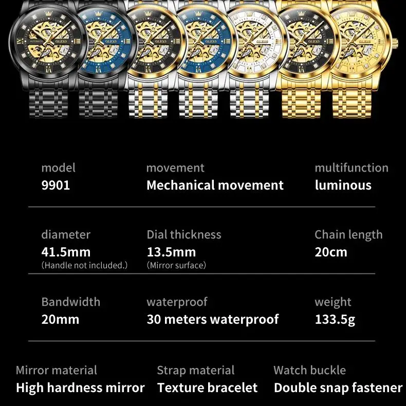OLEVS 9901 ساعة ميكانيكية فاخرة مجوفة للرجال من الفولاذ المقاوم للصدأ مقاومة للماء ساعة مضيئة هدية شخصية للرجال ساعة أوتوماتيكية