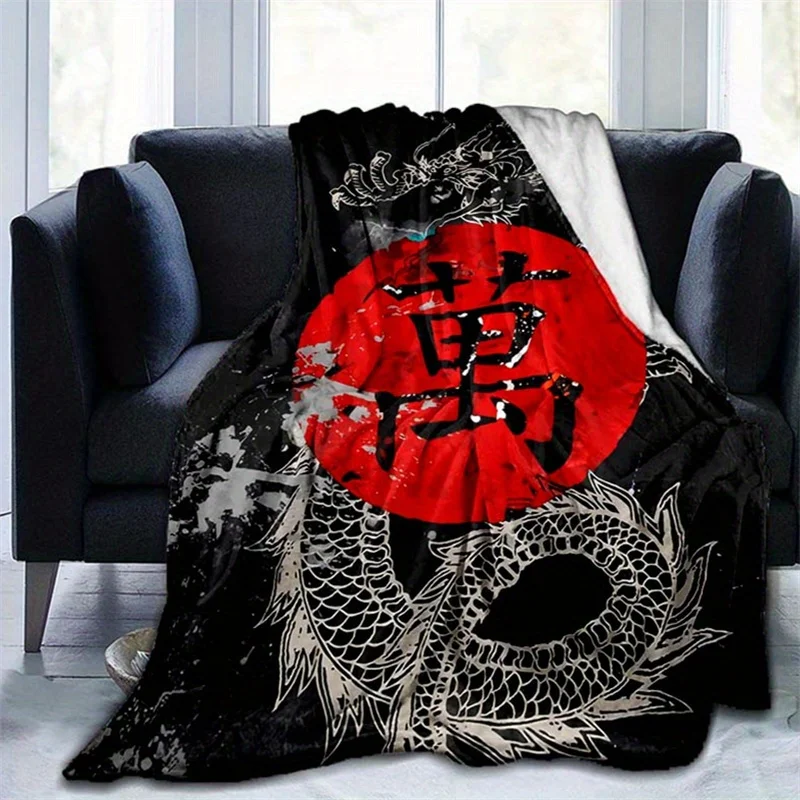 Japanese Chinese Dragon Blanket Red Sun Kanji Wan Character Fleece Throw Blanket Soft Warm Bedding Home Decor Living Room Sofa