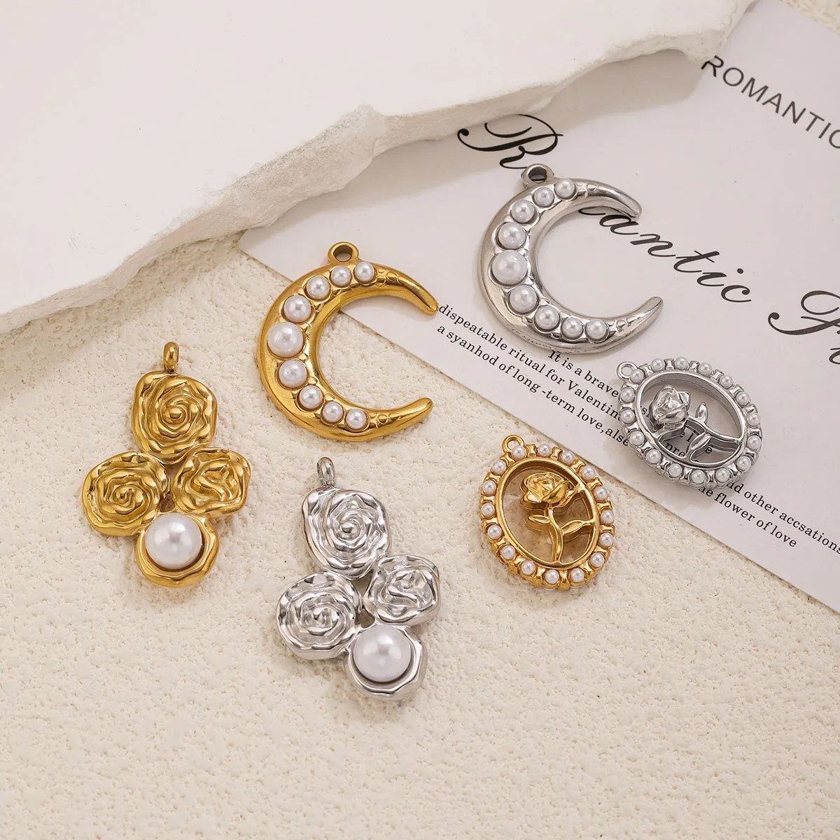 5Pcs Stainless Steel 18K Gold Plated Moon Rose pearl Charms Pendants DIY Necklace Bracelet Earrings Jewelry Making Accessories view 3