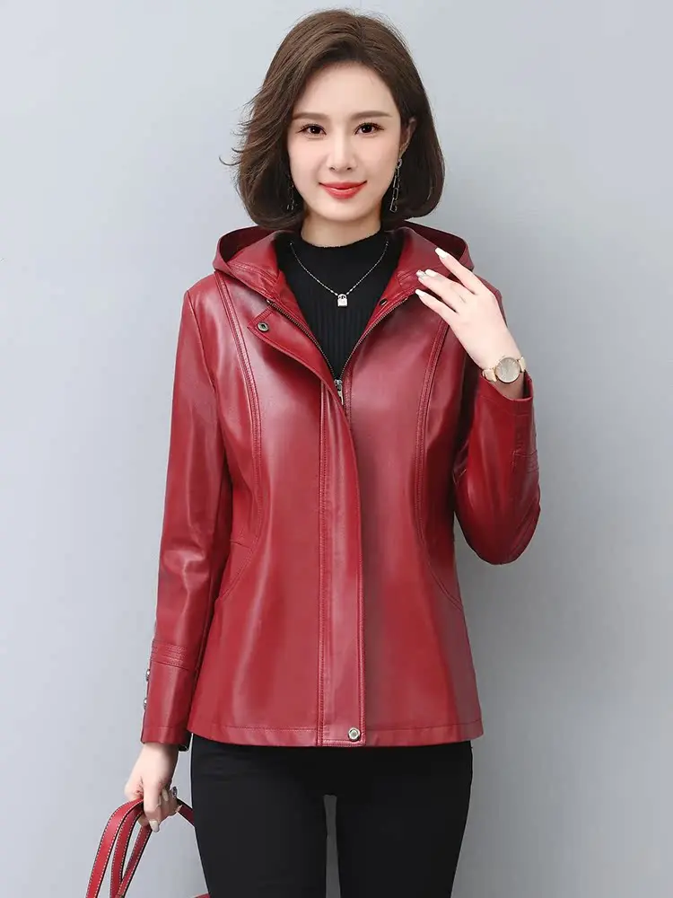 

Haining Women's Short Thickened Leather Jacket Spring Autumn Hooded Slim Fit Mommy Style Large Size High End Feeling Korean V...