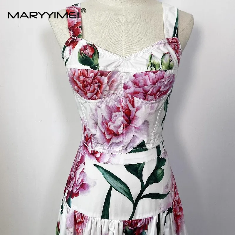 Imagem -04 - Maryyimei Moda Runway Verão Saias de Algodão Terno Curto para Mulheres Spaghetti Strap Top Mais Saias Impressão Floral Peças Set