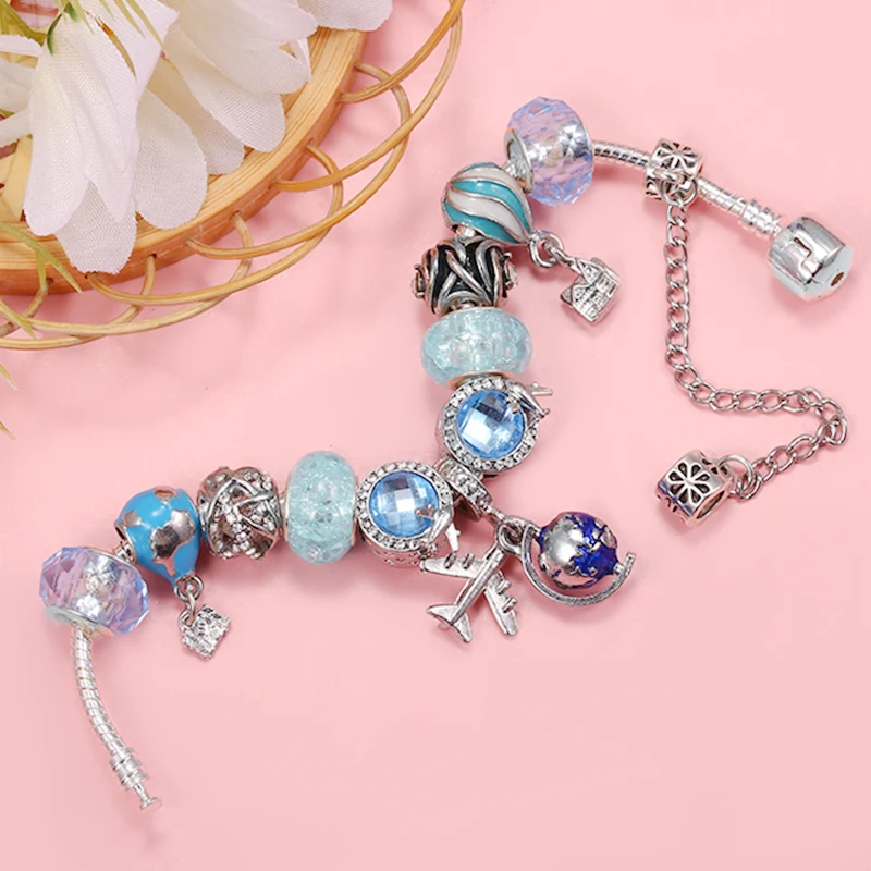 Blue Hot Air Balloon & Globe Beads With Airplane Pendent DIY Charm Brand Bracelet Fashion Jewelry For Women Making High-Quality