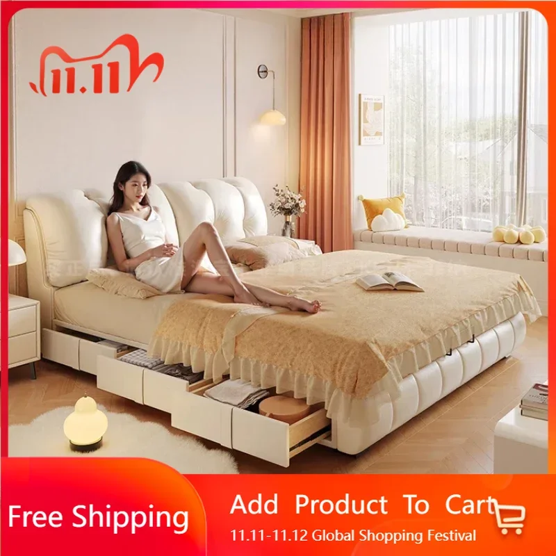 

Minimalist Soft Leather Double Bed Modern Luxury Storage White Girls Double Bed King Size Postmodern Beliche Backyard Furniture