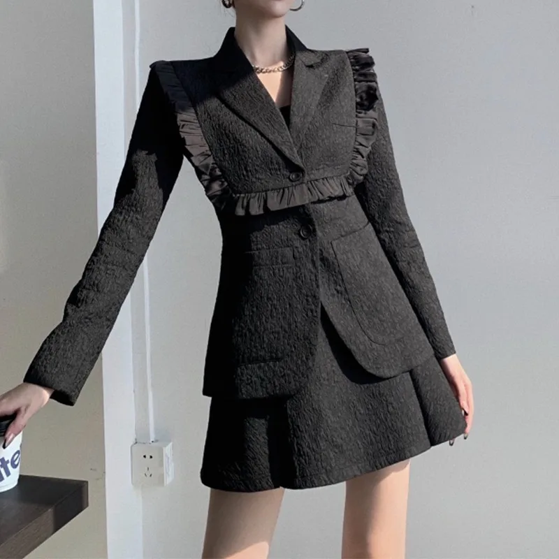 Women Two Piece Suit Set Jacket New High Waisted Coat Black White Retro Ruffled Jacket Spring Autumn Aesthetic 2023 Office Suits