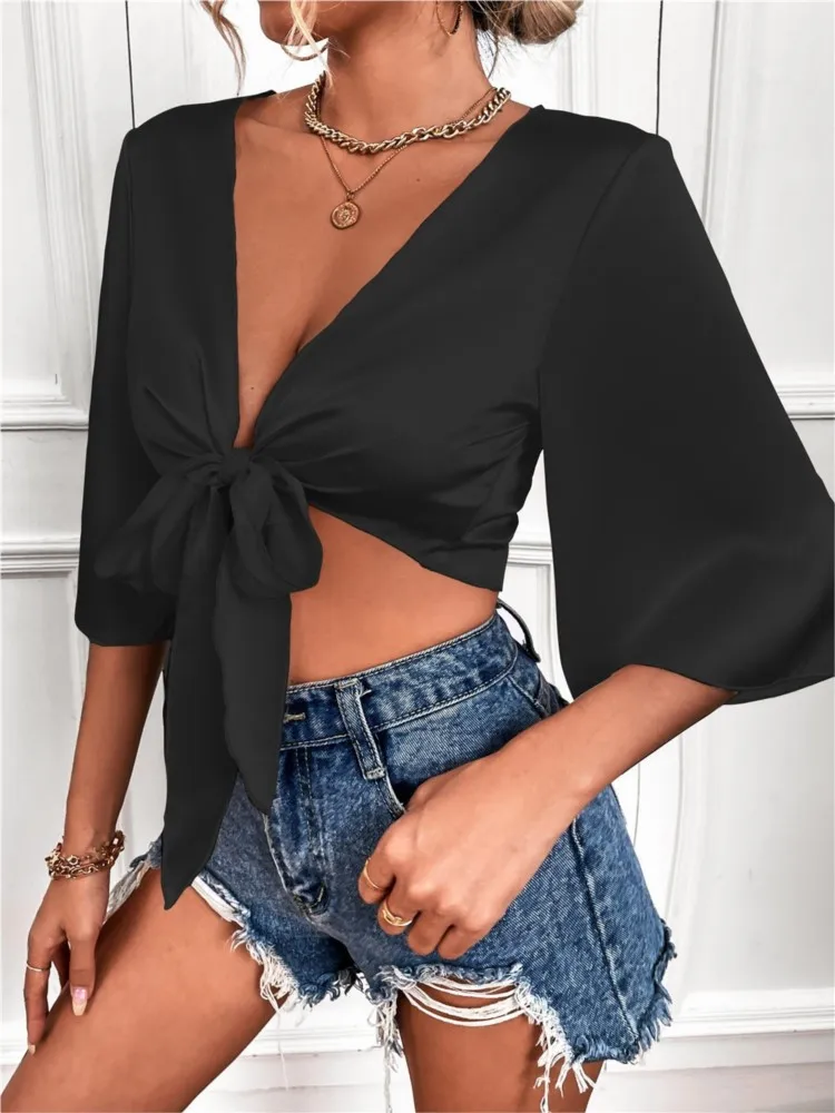 Sexy Deep V Satin Lace Up Crop Top Half Sleeve Women Shirts Y2k 2024 Spring Summer Casual Tops Elegant Office Blouse Female