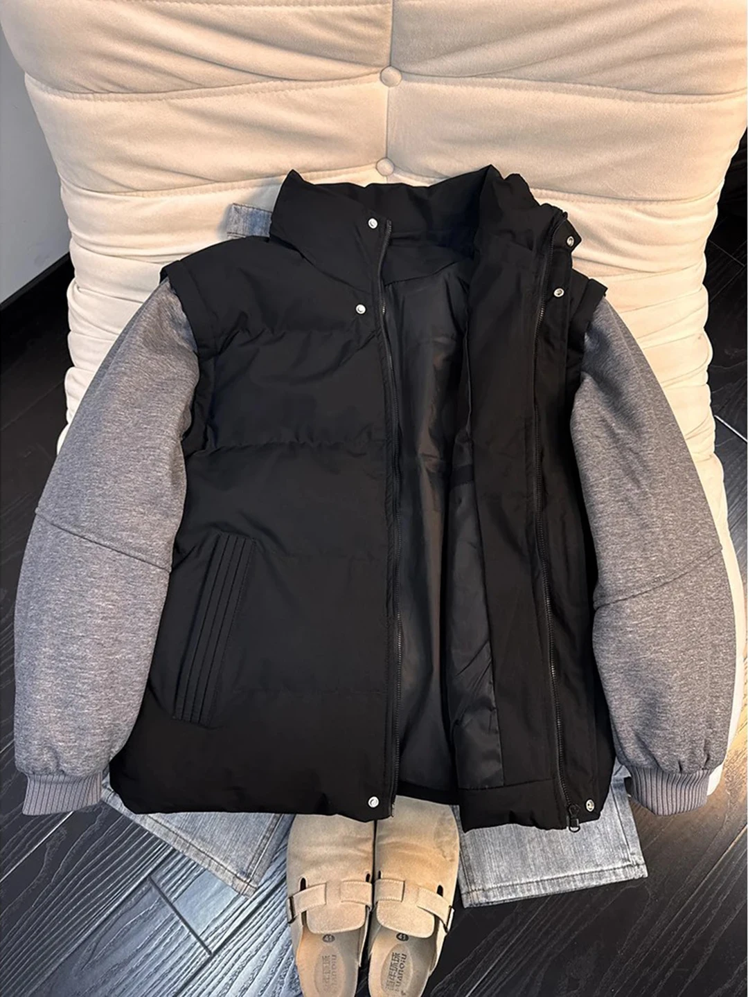 

Black Hooded Retro Detachable Cotton Jacket for Men Winter Warm Casual Long Sleeve Zipper Closure Color Bread Vest