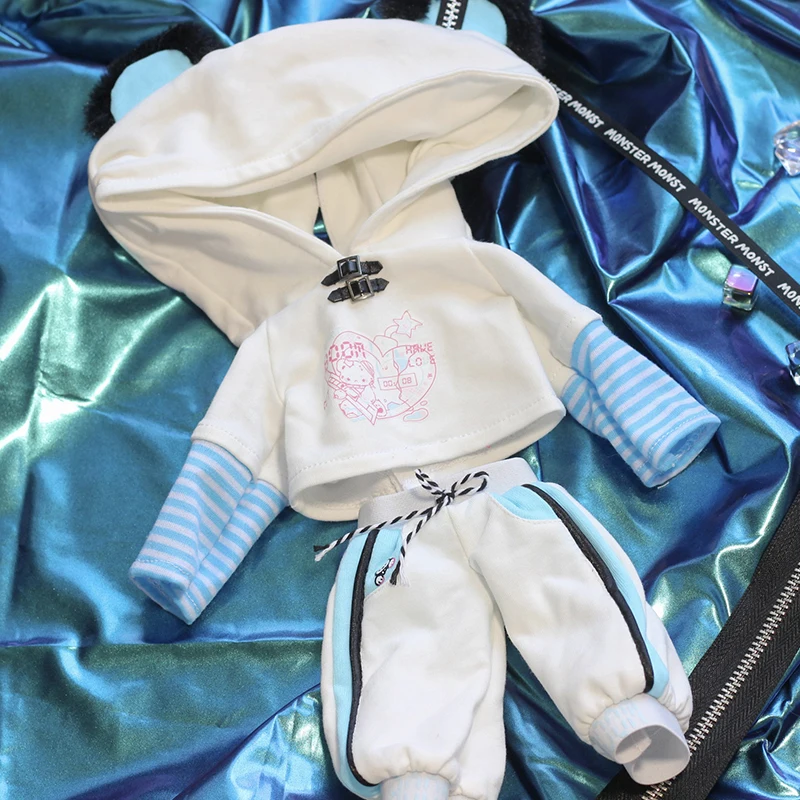 30 cm Plüsch Spielzeug Puppe Kleidung Süße Kühle Gedruckt Gestreiften Patchwork Lange Ärmeln Mit Kapuze Top Hosen Mode Set Puppe Zubehör spielzeug