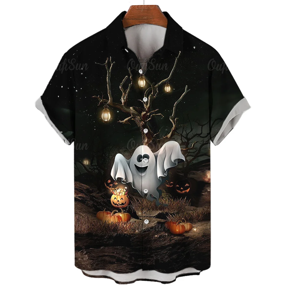 

Halloween Ghost scarecrow pumpkin bat Shirts For Men 3d Horror skull Printed High-Quality Beach Fashion Short Sleeved Hawaiian