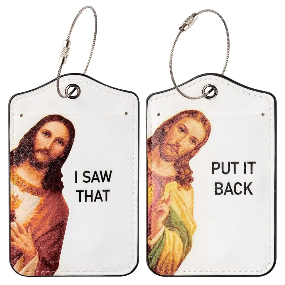 

Jesus Luggage Tags for Travel - 2 Easter Baggage Tags for Suitcases Humorous I Saw That Put It Back PU Leather Double Sided B