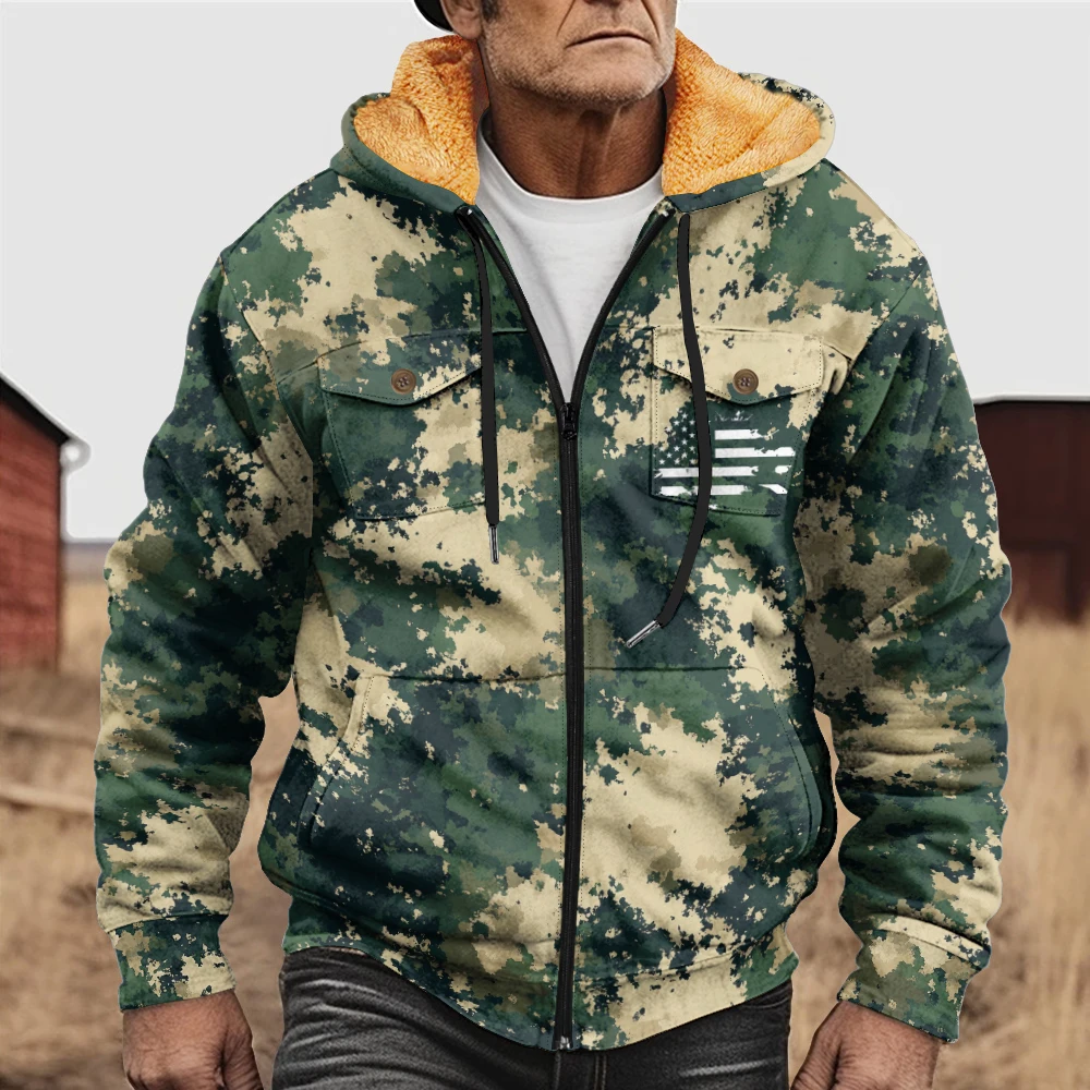 Men's outerwear, winter jacket, military green camouflage print, fashionable trend, thick and warm, essential for outdoor travel