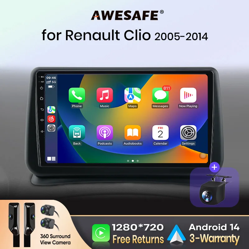 AWESAFE Carplay Voiture Autoradio Pour Renault Clio 3 2005-2014 2Din Android Auto Carplay Voiture Sans Fil Multimédia GPS Navigation Pour Clio 3 Accessories IPS RDS 4G 8-Core 8+256Go Systèmes Intelligents Auto stéréo 