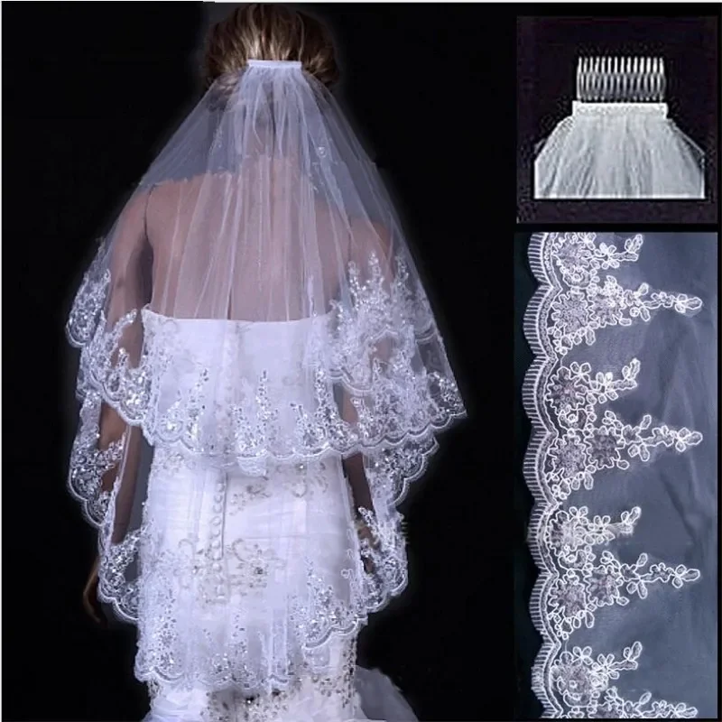 

luxury Wedding Veils 2 Layer Lace Applique Edge With Beads Rhinestones Bridal Veil Accessories 2024