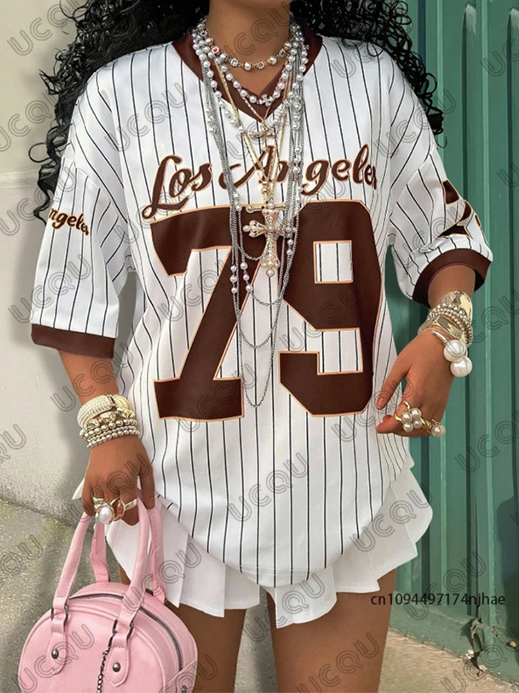 Summer New Los Angeles 79 Print Stripe T-shirt For Women V-Neck Short Sleeve Tees Sports Football Jersey Y2K Loose Oversized Top view 5