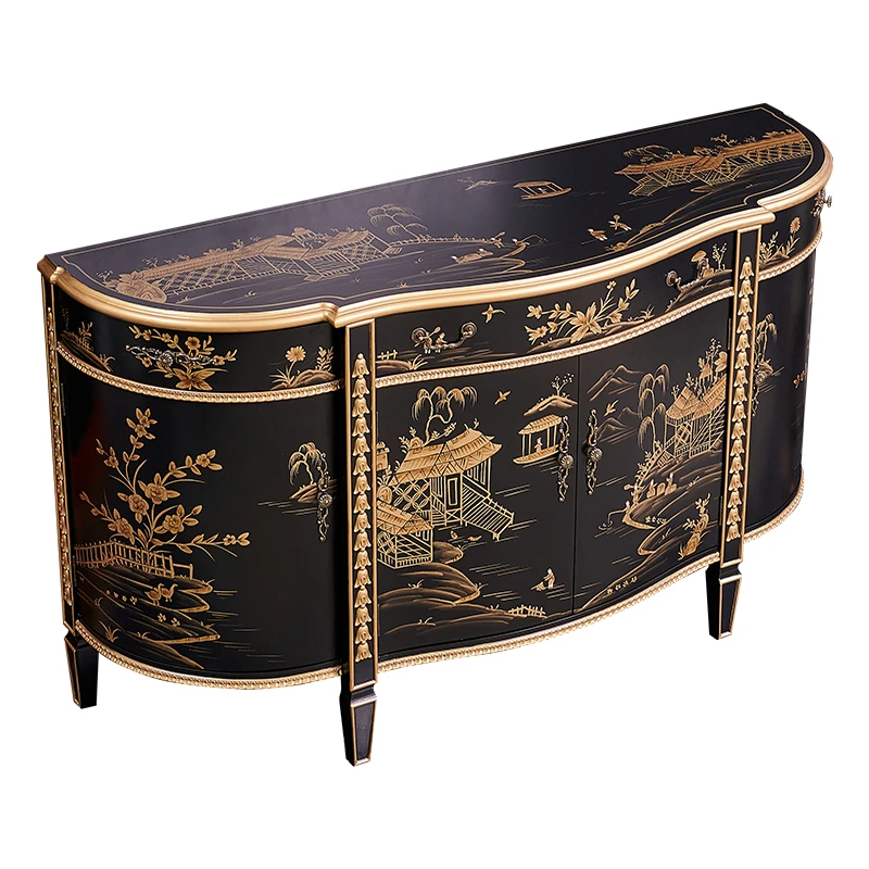 Solid Wood Hand-Painted Black Gold Villa Semi-round Entrance Foyer Curio Cabinet