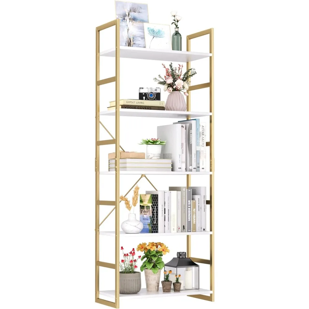 5 Tier Bookshelf, Industrial Gold Bookcase with Metal Frame, Modern Display Shelves Plant Flower Stand Rack for Bedroom