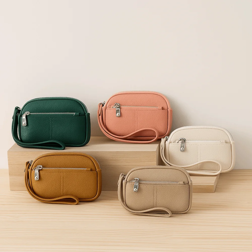 حامل بطاقة من جلد البولي يوريثان، منظم محفظة صغيرة خفيف الوزن بسحاب للعملات المعدنية، محمول بلون سادة، حقيبة مفاتيح للمعصم، حقيبة سماعة الرأس