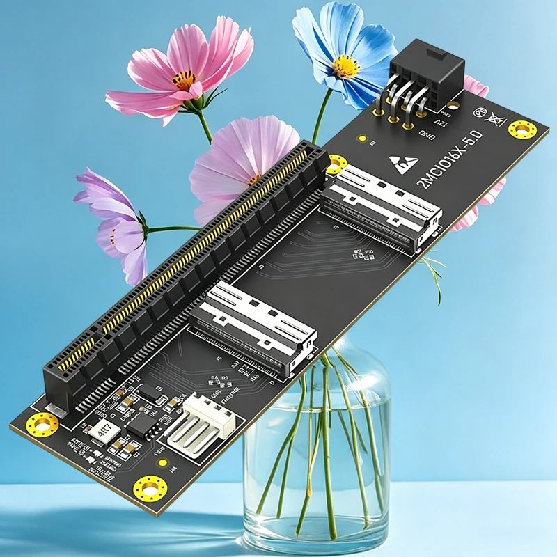 PCI-E 5.0 x16 to Dual MCIO 8i Adapter Card 64Gbps PCIe Gen5 16X to 2 Port MCIO SFF-1016 Converter with ATX 6Pin Power Fan Header
