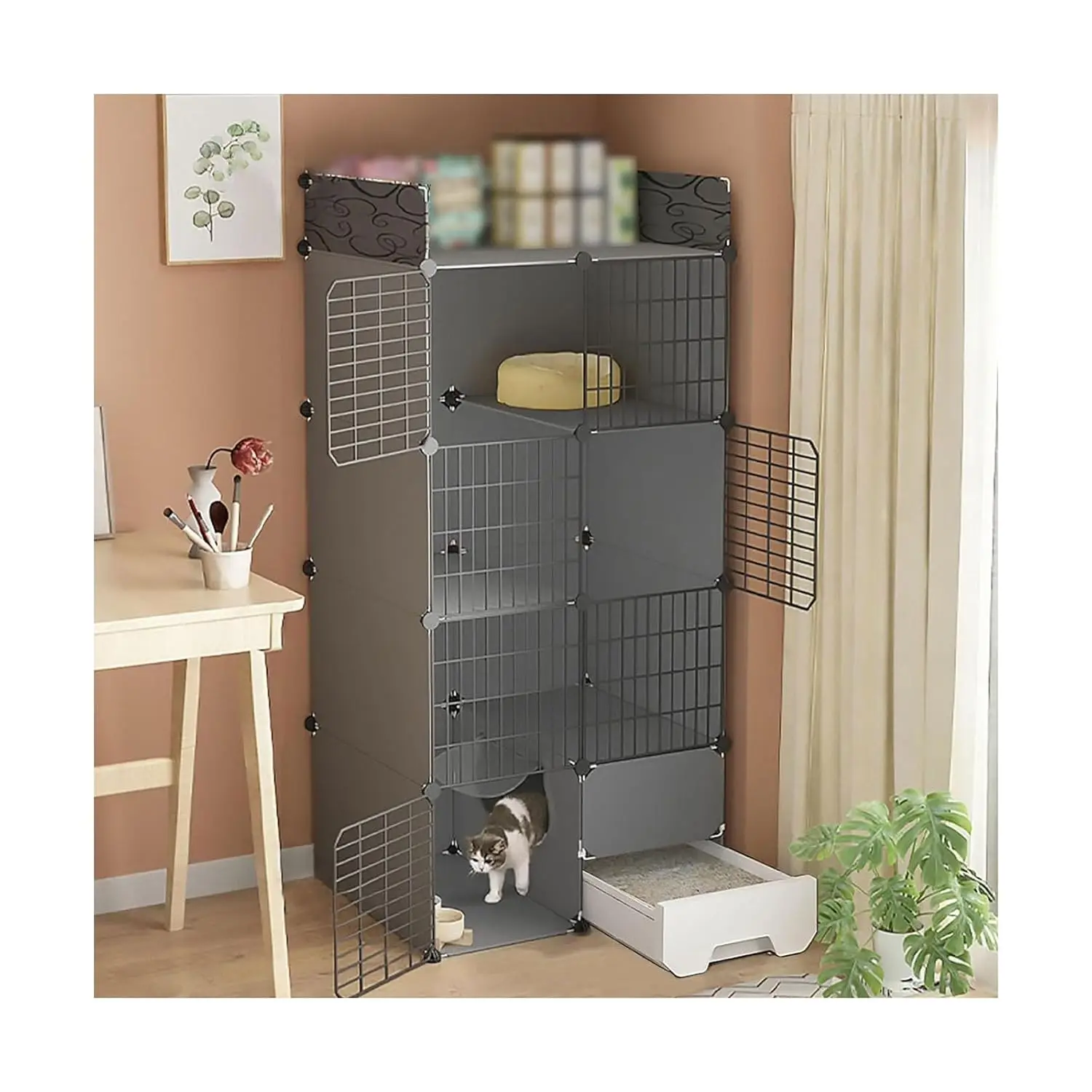 

Многоуровневая (3/4 ярусная) вольер-вилла для кошек, домашний игровой манеж для кошек, сборный металлический вольер из проволоки с лотком, лежанкой, миской, малый размер, на заказ