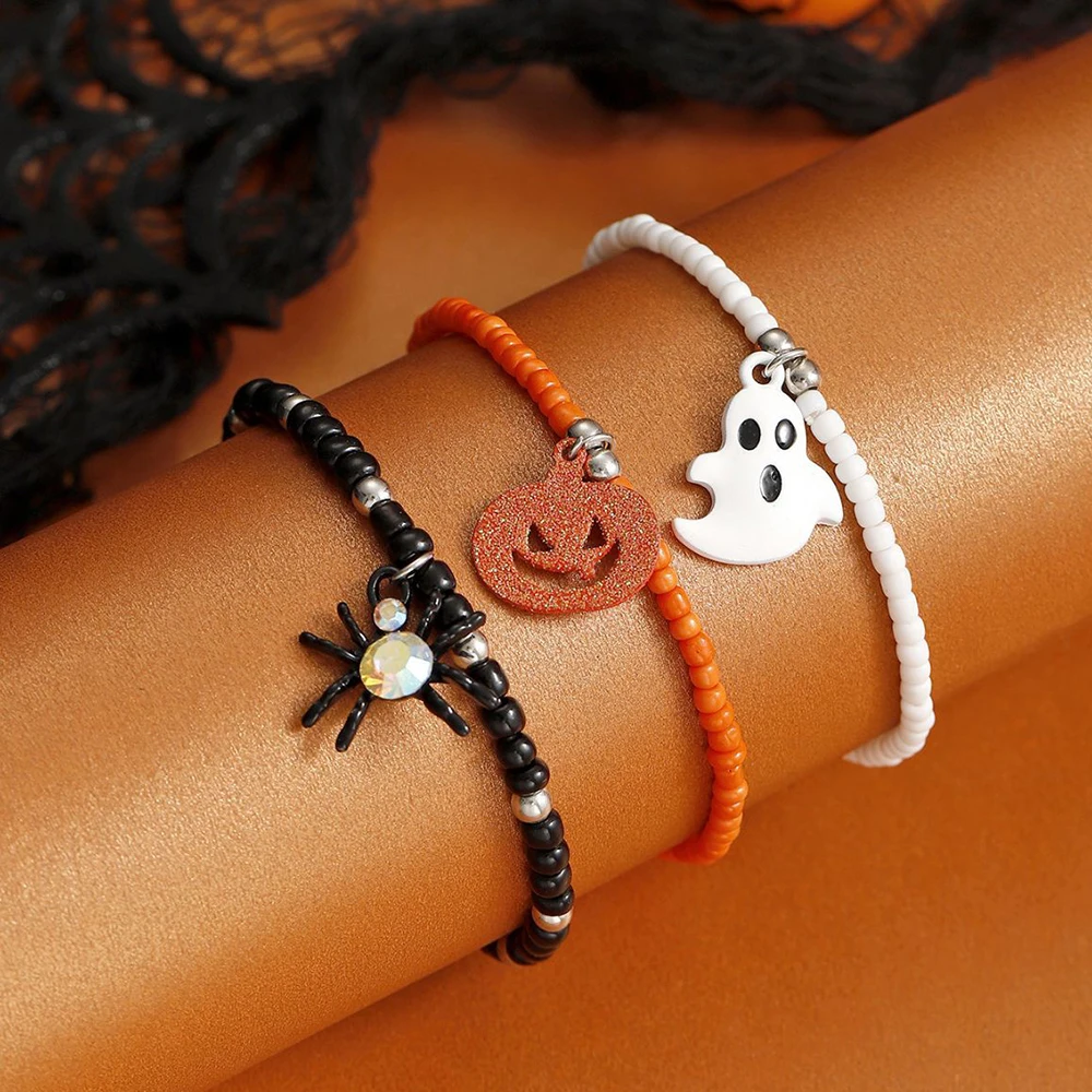 Halloween Theme Bracelet Set Dark Spider Ghost Pumpkin Beaded Bracelet Female Jewelry Holiday Party Gifts