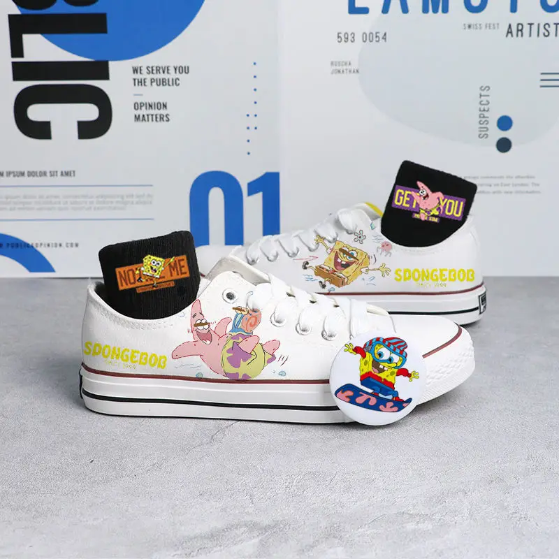 SpongeBob SquarePants white black Low Top Canvas For Men And Women Small White Summer Couple Breathable Board Shoes