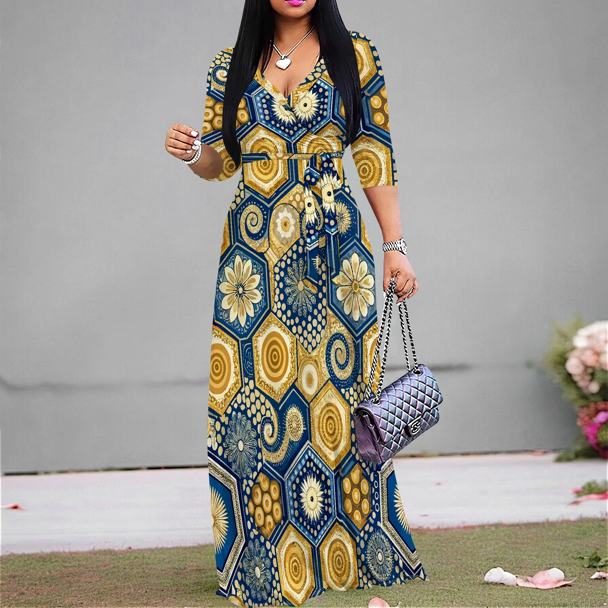 

Elegant Women's V-Neck Maxi Dress 3/4 Sleeve Golden Geometric Print Formal Party Long Dress with Belt XS-3XL