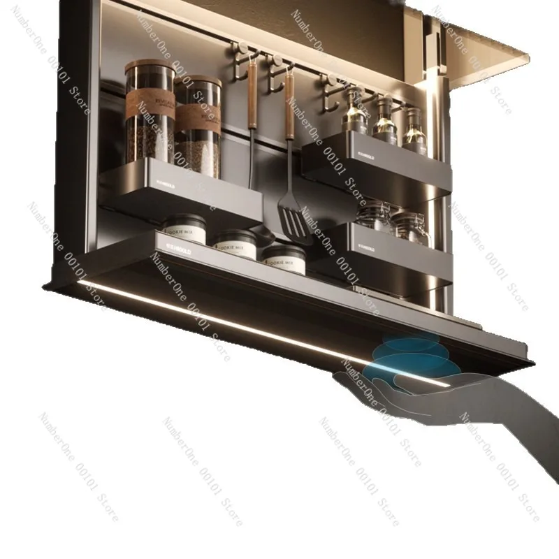 Light luxury kitchen double-layer hanging cabinet with intelligent electric lifting spice shelf and vertical spice basket