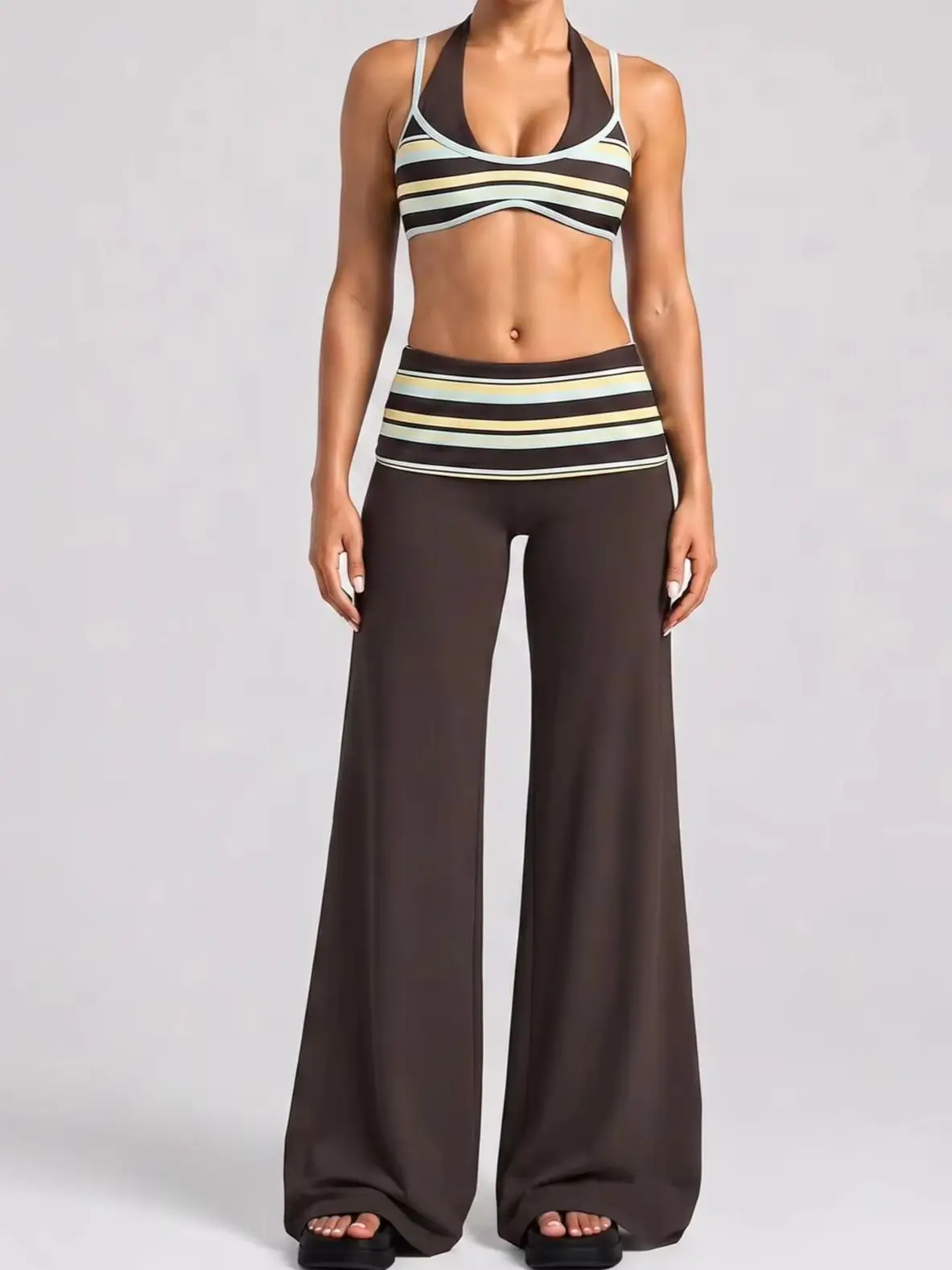 Womens 2 Piece Yoga Set Color Block Stripes Quick Dry Open Back Crop Top Running Fitness Outdoor Activewear