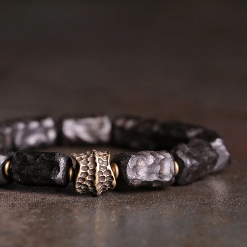 Retro Hand Carved Ebony Bracelet Wholesale Unique Design Brass Charm Genuine Black Wood  Men Women Stretch Wrist Jewelry Vajar
