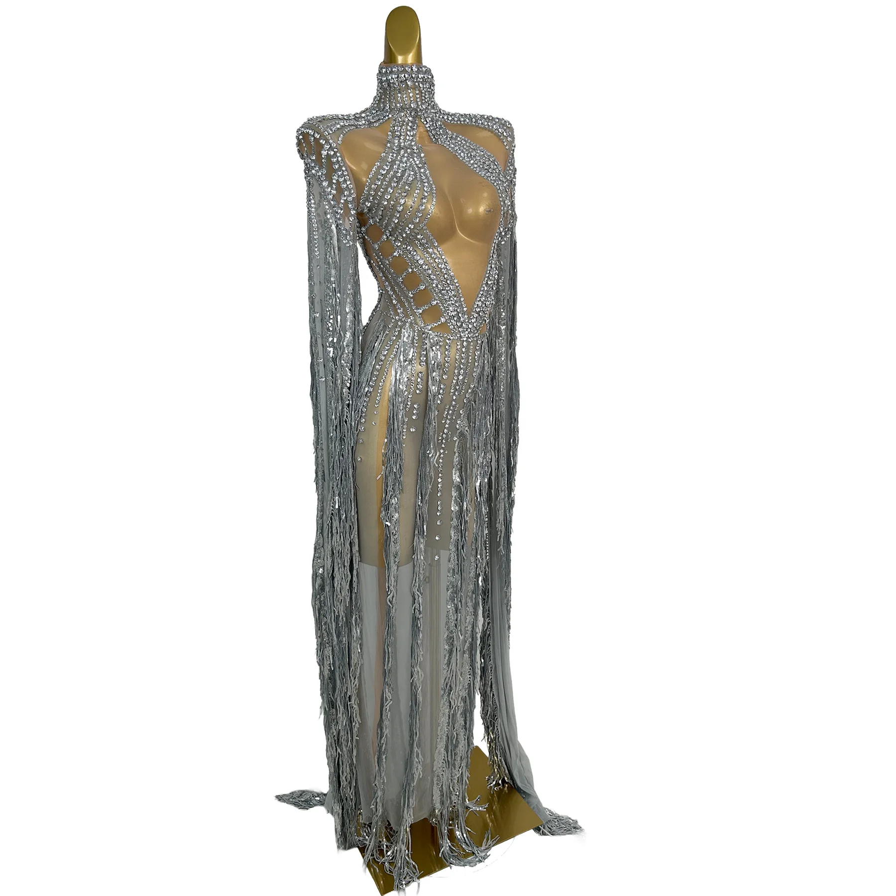 Tianhe Silver Rhinestone High Neck Mesh Gown with Long Fringe Sleeves and Cutout Details for Evening Performances