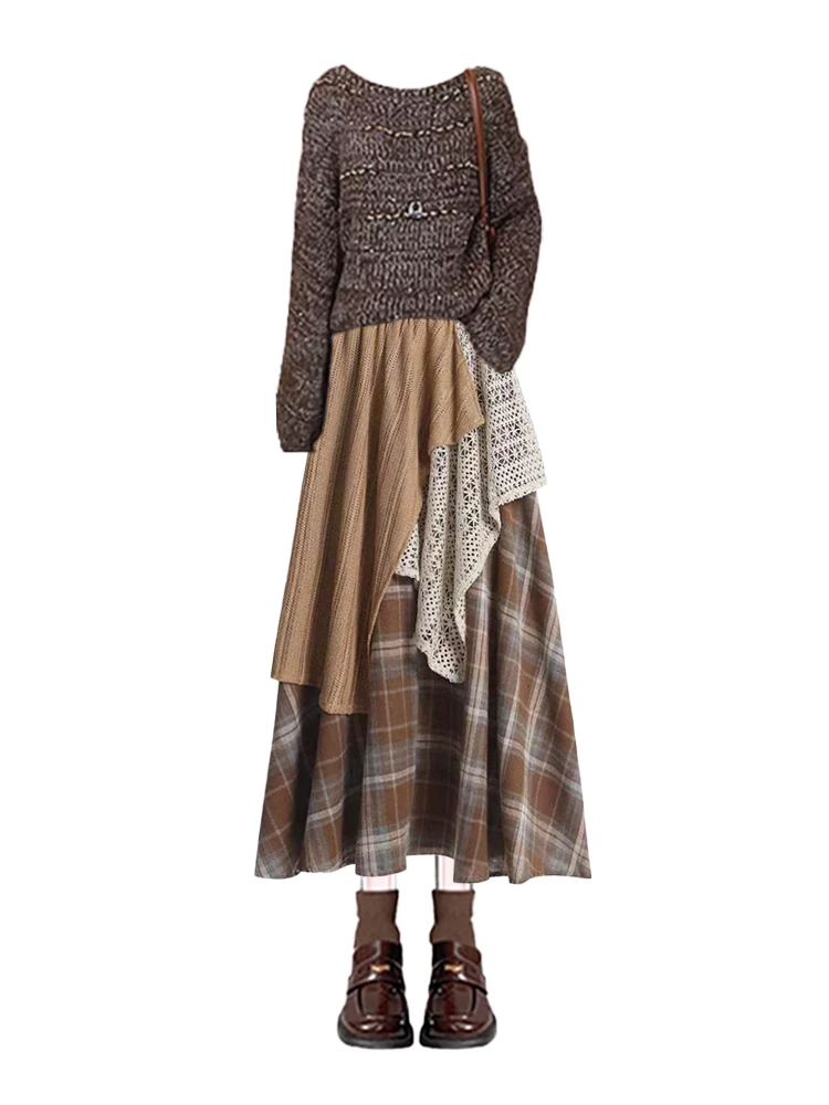 Maglione color caffè lavorato a maglia retrò Lungo Sve Patchwork Gonna scozzese Set di pezzi di maglietta Winter Faion Ensemble da donna