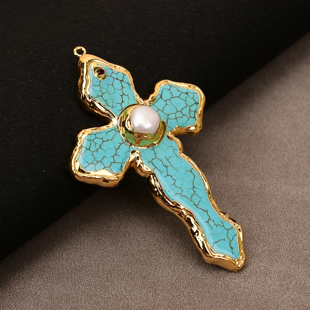 APDGG No042 2 Pcs Big Blue Stone Turquoise White Keshi Pearl Crucifix Charms Pendant view 3
