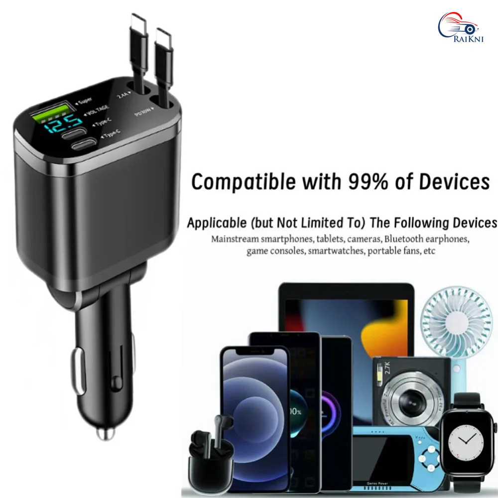 Retractable Cable PD Car Charger Digital Voltage Display Fast Charging Type C Car Cigarette Lighter Charger Adapter For Phone