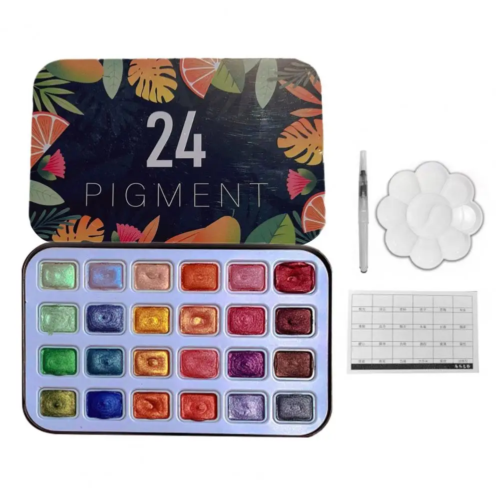 

Watercolor Paint Set 24 Colors Portable Shimmer Metallic Paints Pearlescent Watercolor Set Gift for Artists Beginners Painting E