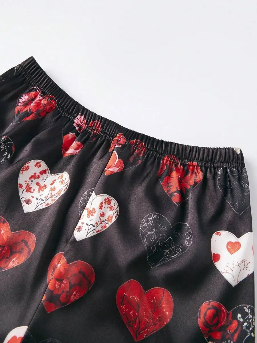 

Womens Satin Pajama Set With Heart Floral Print V Neck Long Sleeve Top And Shorts