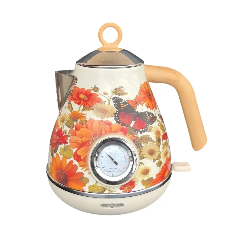 

B01C-Retro Electric Kettle 1.7L Handmade Decals Auto Power Off With Thermometer Teapot For Quick Boiling EU Plug