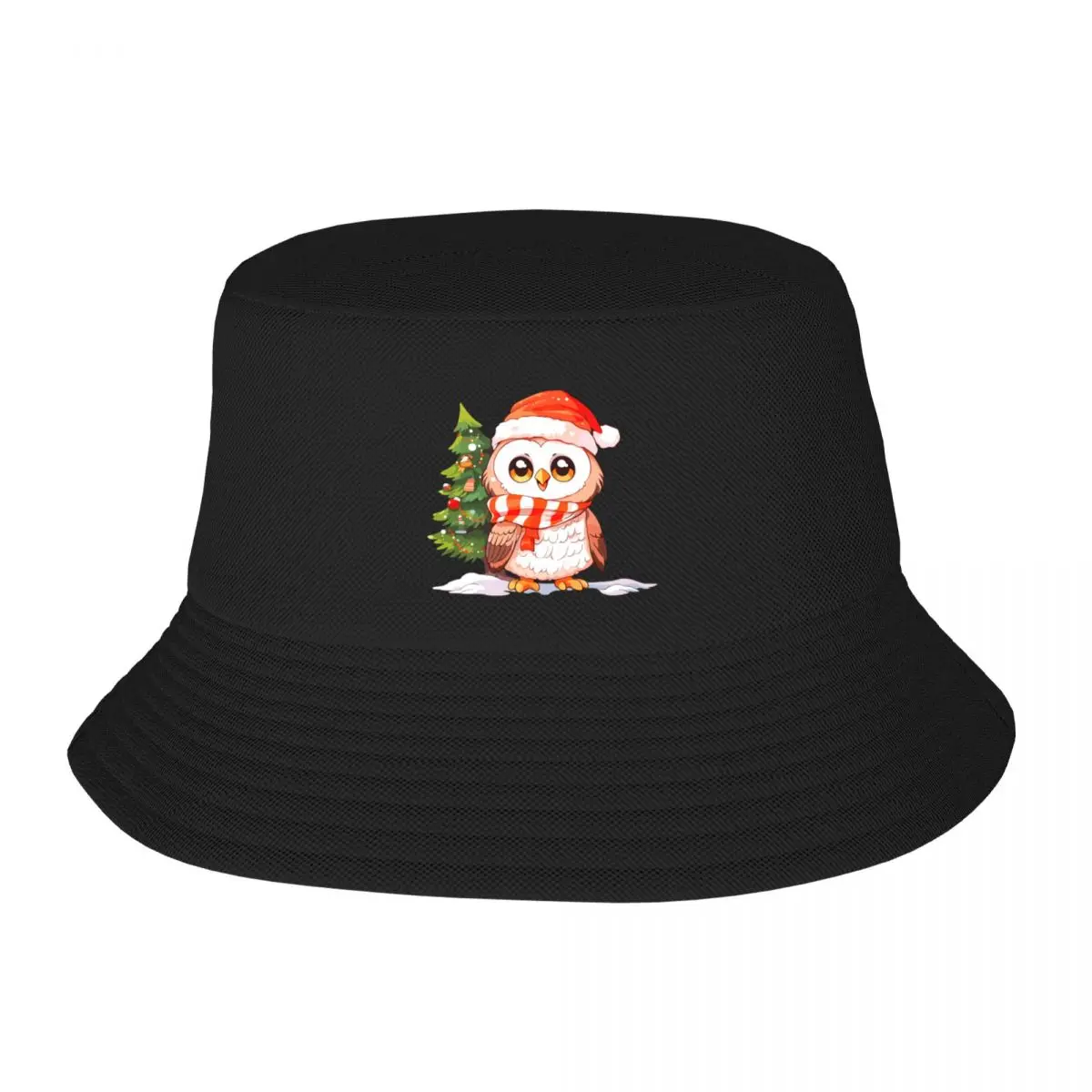 Cute Owl wearing Santa hat near Christmas tree Bucket Hat western hats Brand Man Caps Horse Hat Hats Woman Men's