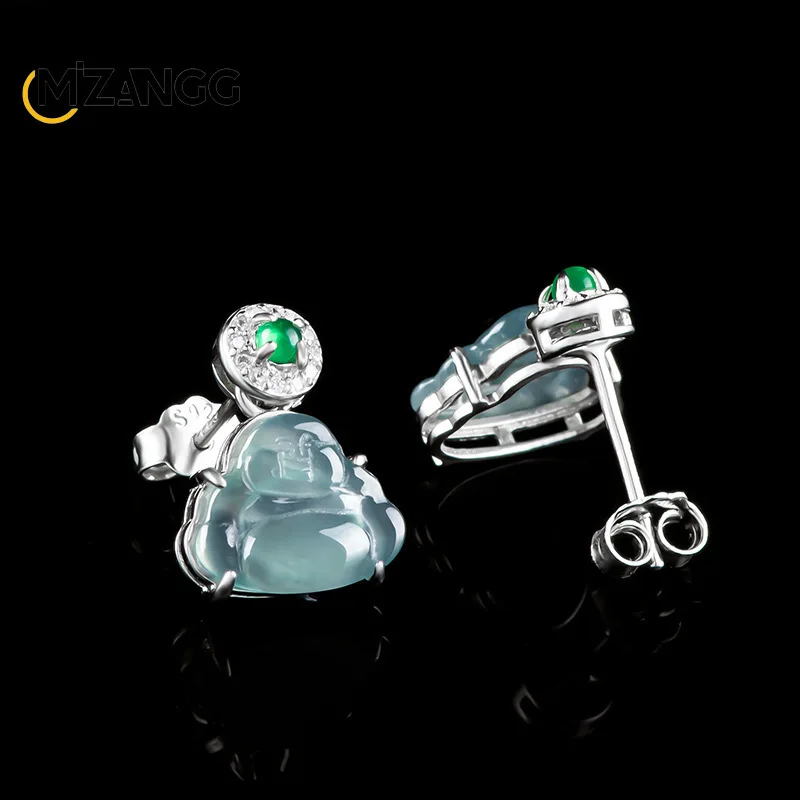 High-grade Natural A Goods Jadeite Blue Water Buddha Earrings S925 Silver Inlaid Fashion Exquisite Women Jewelry Lucky Amulet